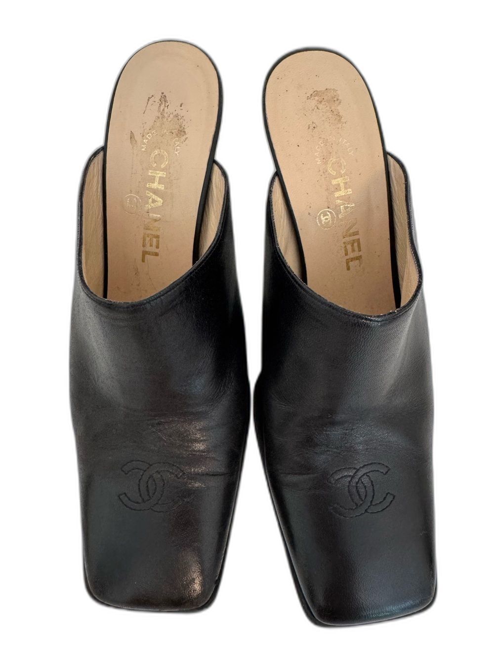 Chanel Vintage Black Leather CC Logo Square Toe Mules Y2K Shoes EU 39.5